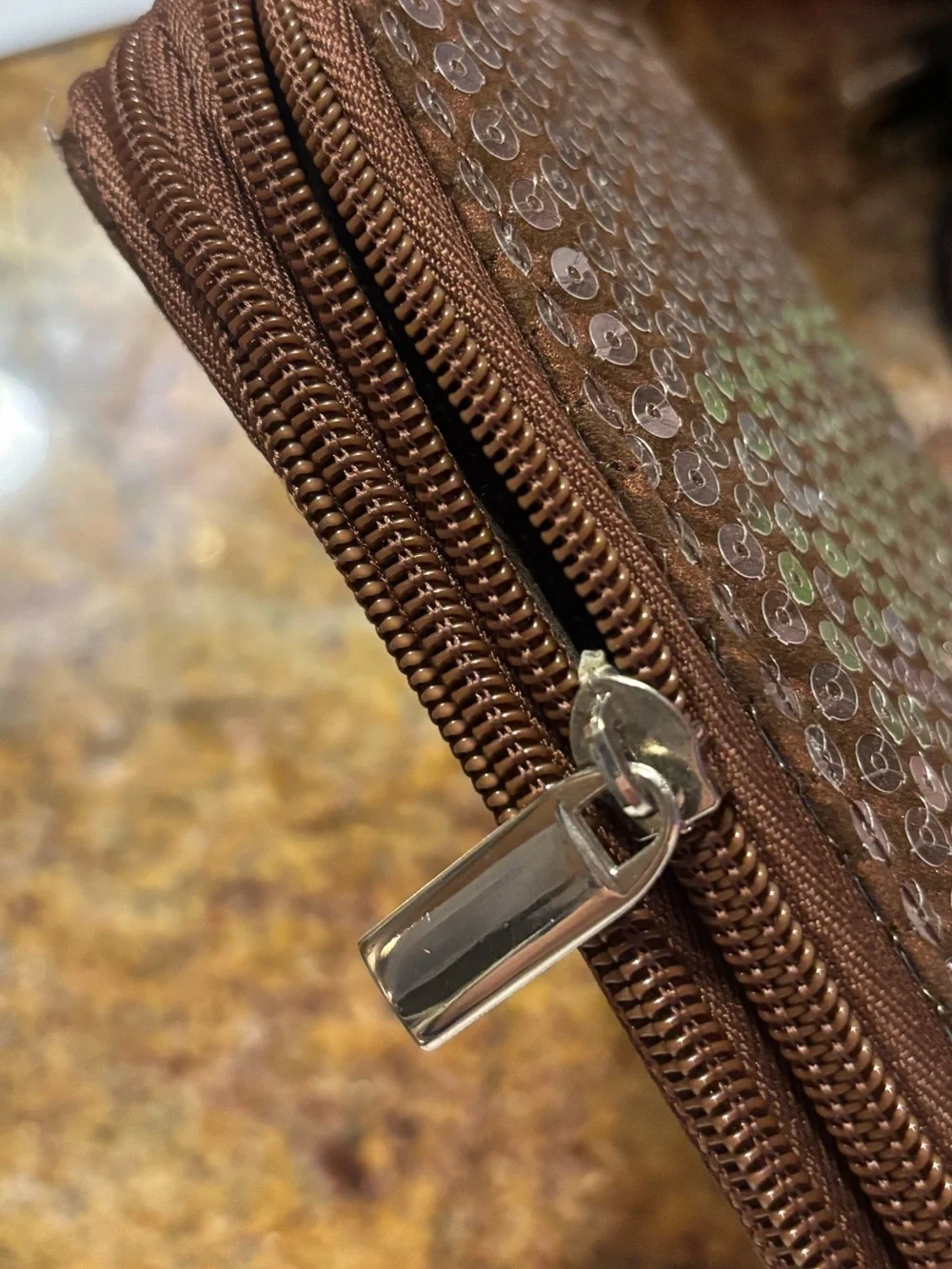 Sequin-Embellished Brown Zip Wallet